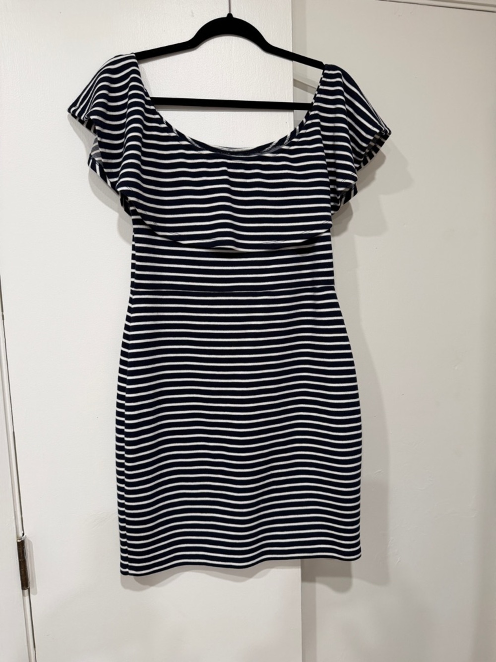 THML Navy and White Striped Off-Shoulder Mini Dress